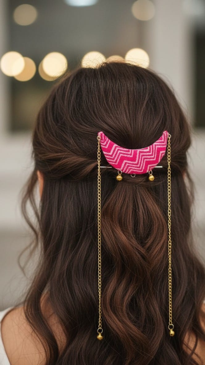 Pink Crescent Chain Hair Pin