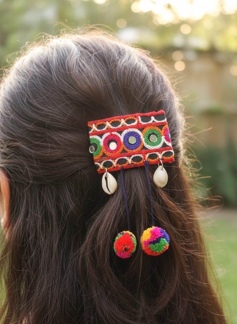 Mirror Embroidered Pom-Pom Hair Clip