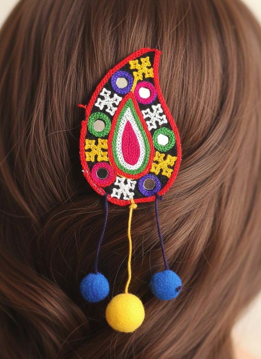 Paisley Pom-Pom Hair Clip