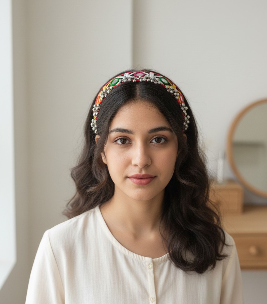 Traditional Embroidered Mirror-Work Headband with Ghungroo Accents