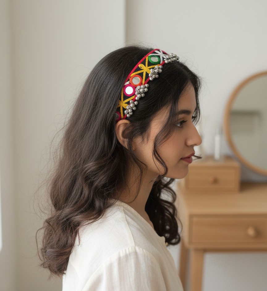 Traditional Embroidered Mirror-Work Headband with Ghungroo Accents
